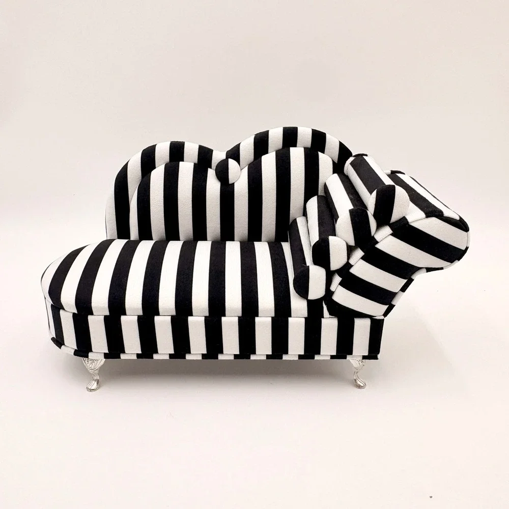 KOT Black White Striped Chaise Lounge Sofa Jewelry Box Mirror Ring Organizer